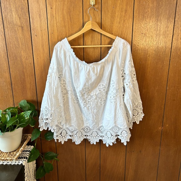 Chicos Embroidered Off The Shoulder Boho Lace White Cotton Blouse Plus Size 16 - Picture 9 of 9